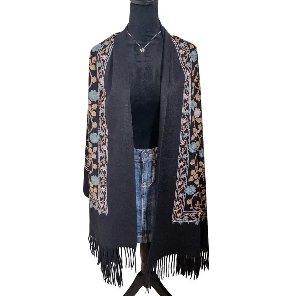 100% Cashmere Embroidered Shawl Wrap Scarf Black Floral Fringe Large